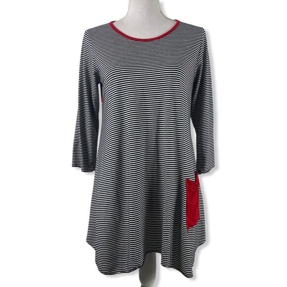 Flutter & Squeak Small Tunic Top Stripe Red Black White Button Back Front Pocket - Picture 2 of 5